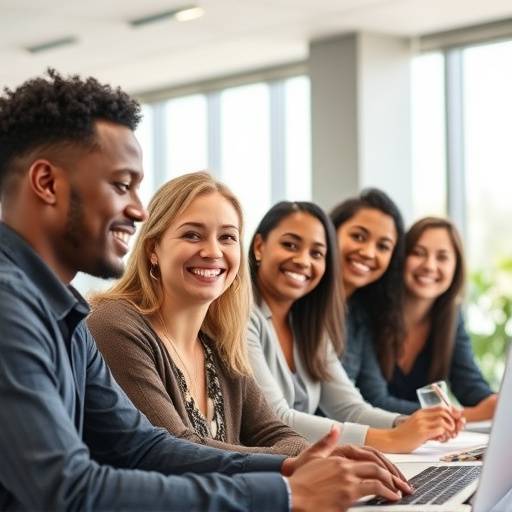 A diverse team of professionals collaborating around a table, smiling and discussing ideas, symbolizing teamwork and expertise.