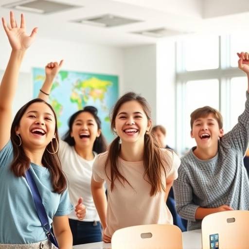A group of smiling students celebrating their success in a classroom setting, symbolizing the positive outcomes of interview coaching.