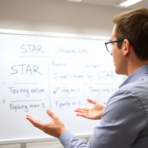 A person explaining a situation using the STAR method with a whiteboard and diagrams in the background, representing the Behavioural Interview Mastery course.