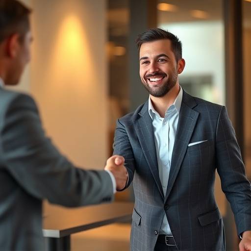 A smiling person confidently shaking hands after a successful job interview, symbolizing career success.